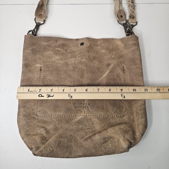 Holy Cow Couture Distressed Grey Tan Leather Feed Bucket Bag Shoulder Purse - Picture 7 of 11